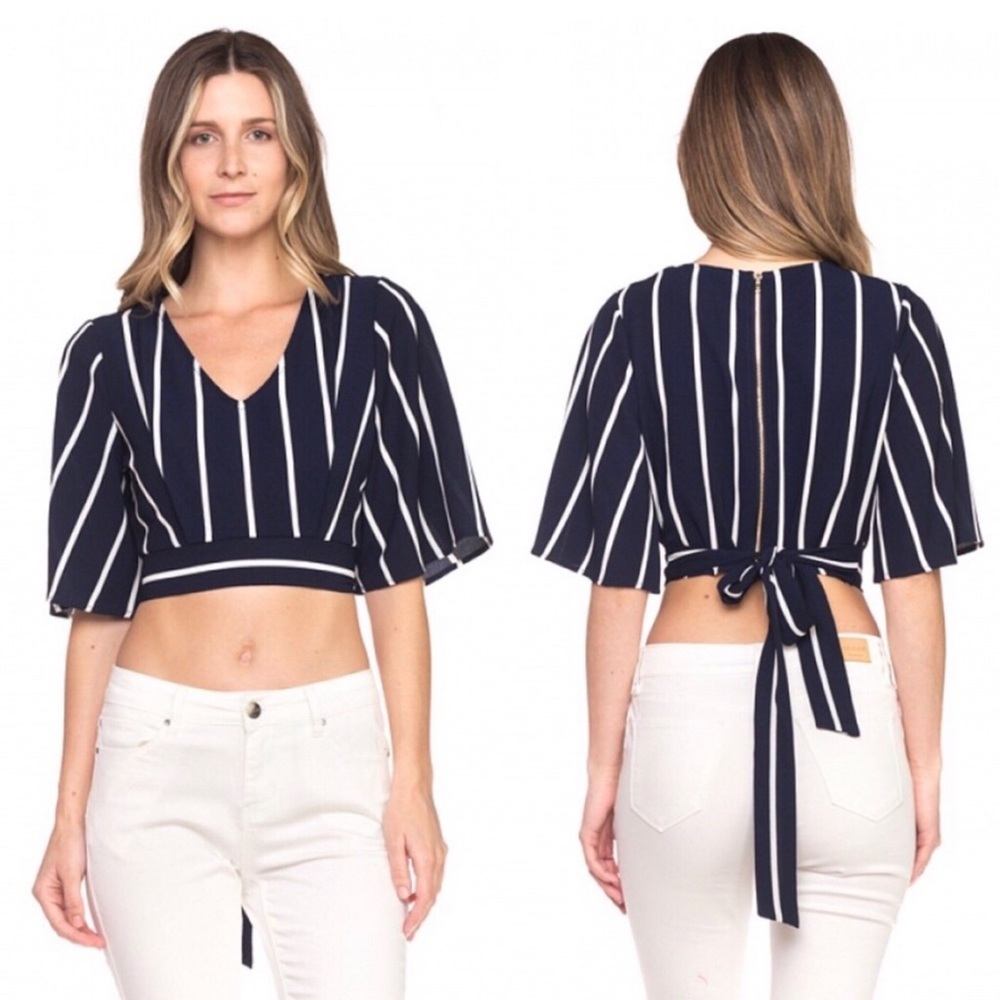 Navy & White Striped V-neck Crop Top